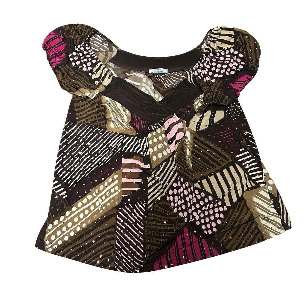 Y2K Sequin Sparkle V Neck Dressbarn Top Womens Large Cap Sleeve Brown Pink